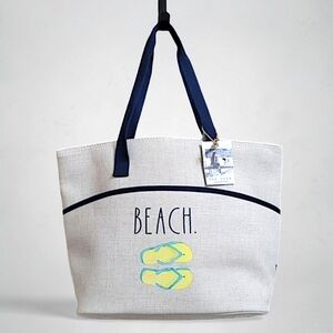 Rae Dunn Beach Canvas Insulated Tote Bag with Navy Straps